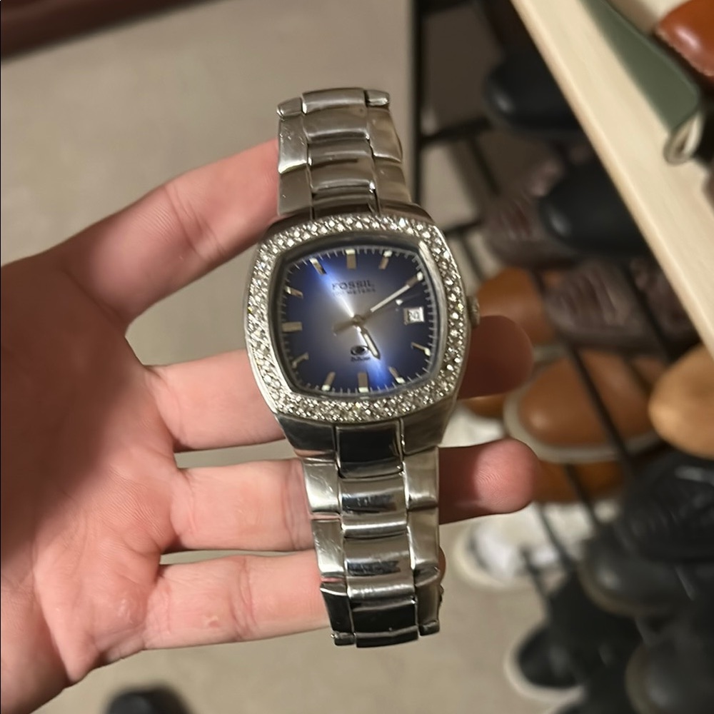 Fossil Silver and Blue Watch with Crystal Accents